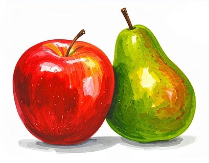 Das Bild zeigt einen leuchtend roten Apfel und eine grüne Birne nebeneinander.