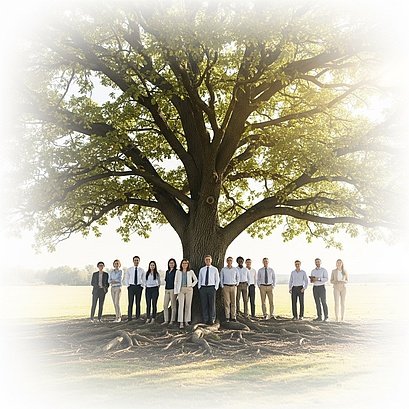 Das Bild zeigt elf Menschen stehen vor einem großen Baum. Das Bild strahlt Stärke und Zusammenhalt aus.